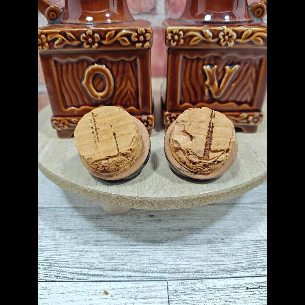 Vintage Brown Glaze Unique Oil And Vinegar Dispensers With Stoppers From Japan - Picture 8 of 10